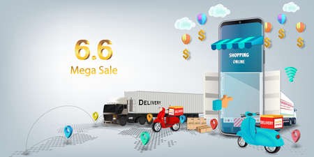 Fast delivery by scooter on mobile. E-commerce online concept. 6.6 June Shopping Day .Online infographic. Webpage, app design. vector illustration.のイラスト素材