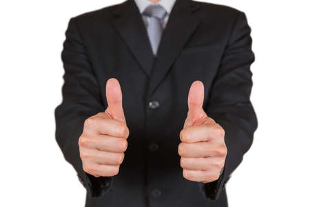 Businessman give a two thumbs up for compliment isolated on white background as business, praise, congratulate, good and like concept.の写真素材