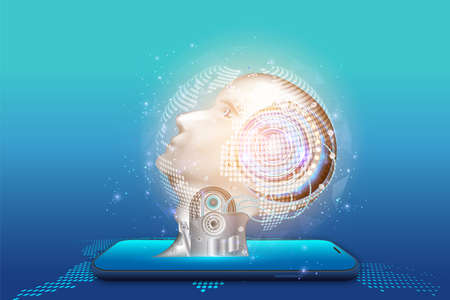 Artificial intelligence provide access to information and data in online smartphone or on mobile. AI in the form of face man cyborg or bot coming out of the screen phone and offers to use digital mind. vector illustration.のイラスト素材
