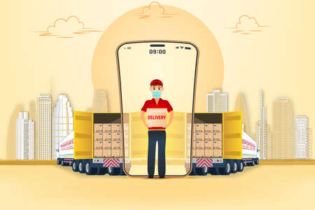 Delivery on mobile of goods during the prevention of coronovirus, Covid-19. Courier in a face mask with a box in his hands. Portrait from the waist up. Vector illustration.のイラスト素材