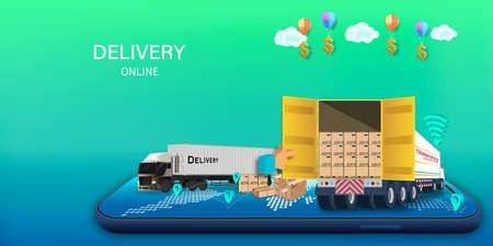 Logistics Online delivery service, online order tracking,Delivery home and office. City logistics. Warehouse, truck, forklift, courier. vector illustration.のイラスト素材