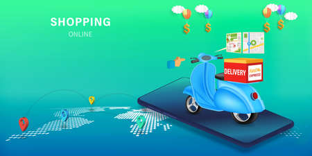 Fast delivery by scooter on mobile. E-commerce online concept or Mobile Application Vector Concept Marketing and Digital marketing, Online Application Delivery service concept.のイラスト素材