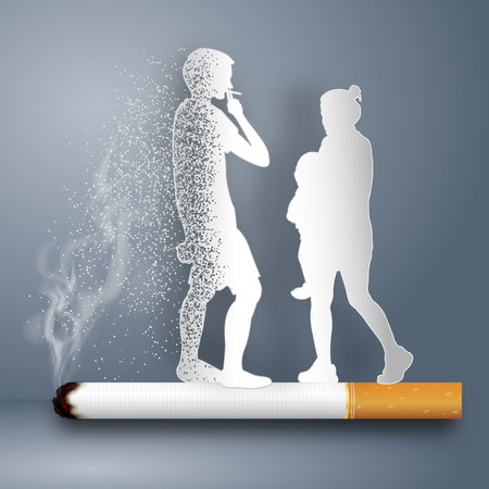Cigarettes destroy the family as healthy, no smoking day world , craft style and paper art concept. vector illustrationのイラスト素材