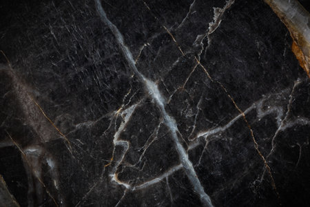 White and yellow patterned natural detailed of dark gray marble (Russia Gold) texture background for interior or product designの写真素材