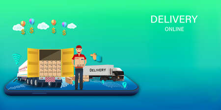 Logistics Online delivery service, online order tracking,Delivery home and office. City logistics. Warehouse, truck, forklift, courier. vector illustration.のイラスト素材