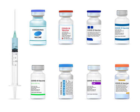 Realistic of Covid-19 coronavirus vaccine. Syringe and vaccine collection. Treatment for coronavirus covid-19. Isolated vector illustrationのイラスト素材