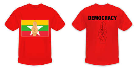 Three finger salute with Myanmar flag on red T-shirts isolated on white background as design template. vector illustration.のイラスト素材