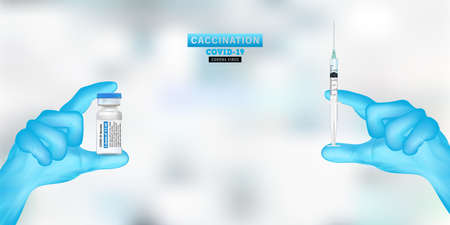 Vaccination concept. COVID-19 coronavirus vaccine. Doctor's hand in blue gloves hold medicine vaccine vial bottle and syringe. Vector illustration.のイラスト素材