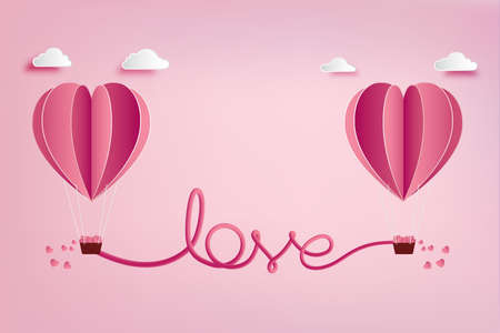 love Invitation card Valentine's day balloon heart on pink background with text love paper cut pink heart.のイラスト素材