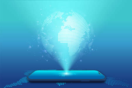 Global network connection on mobile. blue world polygonal mesh and line on smartphone as business, technology concept. vector illustrationのイラスト素材