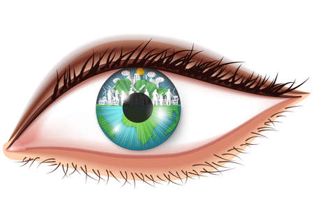 Eye of nature concept, Earth in the middle of green nature eye shape on a white background. Vector illustration.のイラスト素材