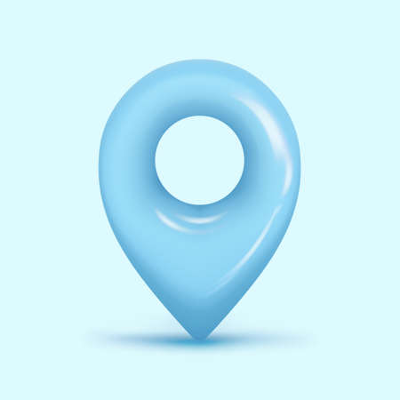 3D map location point marker of map or navigation pin icon sign on isolated blue background. 3d pin navigation is pink color with shadow on map direction. 3d GPS pin vector render illustrationのイラスト素材