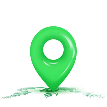 3D map location point marker of map or navigation pin icon sign on isolated blue background. 3d pin navigation is green color with shadow on map direction. 3d GPS pin vector render illustrationのイラスト素材