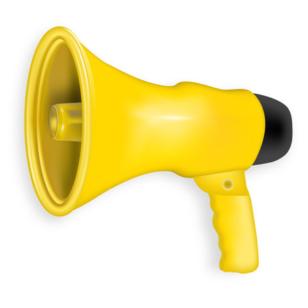 Realistic 3d yellow megaphone, loudspeaker as Marketing time concept. Vector illustrationのイラスト素材