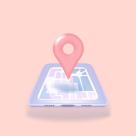 Pin location on mobile map. Checkmark icon. Approvement concept. Geolocation map mark, point location. 3d realistic vector illustration.のイラスト素材