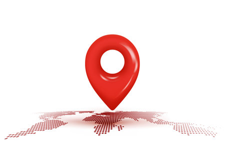 3D map location point marker of map or navigation pin icon sign on isolated blue background. 3d pin navigation is red color with shadow on map direction. 3d GPS pin vector render illustrationのイラスト素材