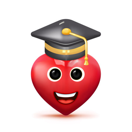 Red heart wear a college cap, graduation cap, mortar board. Education, degree ceremony concept. 3d vector illustration. Cartoon minimal style.のイラスト素材