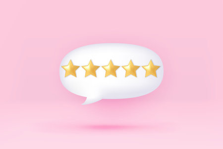 3d bubble rating five stars for best excellent services rating for satisfaction. 3d 5 star for quality customer rating feedback concept from client employee, product review. 3d 5 star vector illustrationのイラスト素材
