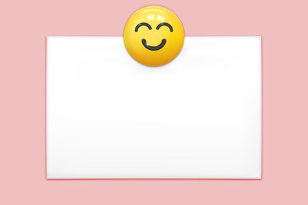 Smile pin on office paper sheet or sticky sticker isolated on a pink background. Vector yellow post note with cute smiley happy face for your designのイラスト素材