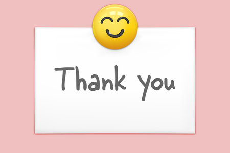 Thank you text and Smile pin on office paper sheet or sticky sticker isolated on a pink background. Vector yellow post note with cute happy face for your designのイラスト素材
