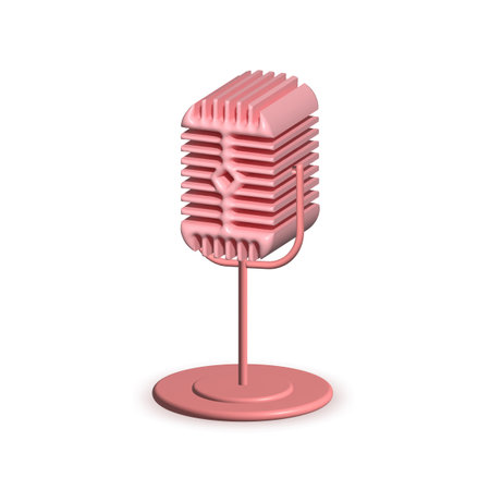 Pink podcast microphone on stand, audio equipment .Broadcasts, interviews, podcast, voice recording concept. 3d icon. Cartoon minimal style. 3d rendering illustrationの写真素材