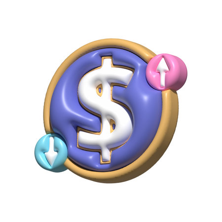 U.S dollar coin, up arrow and down arrow on white background. Cartoon Coin icon. 3d render illustrationの写真素材
