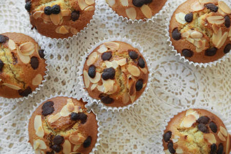 Homemade apricot chocolate chip almond slice muffinsの写真素材