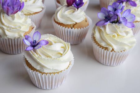 Homemade purple freesia flowers on vanilla cupcakes with whipped cream frostingの写真素材