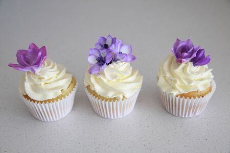 Homemade purple freesia flowers on vanilla cupcakes with whipped cream frostingの写真素材