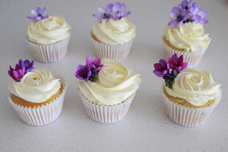 Homemade purple freesia flowers on vanilla cupcakes with whipped cream frostingの写真素材
