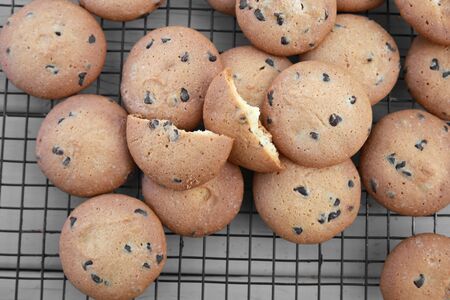Homemade chocolate chip cookies on cooling rackの写真素材