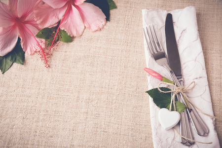 Valentine table setting copy space background, selective focus, vintage toneの写真素材