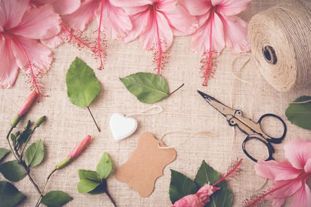 Pink Hibiscus flowers on linen, copy space background mock up, toning, selective focusの写真素材