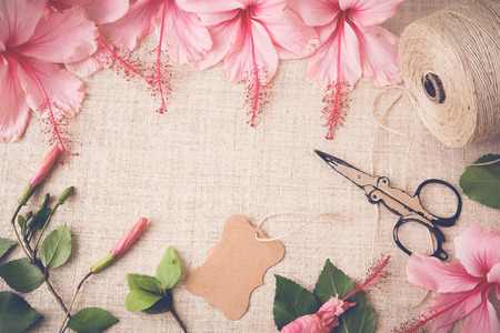 Pink Hibiscus flowers on linen, copy space background mock up, toning, selective focusの写真素材