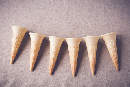 Ice cream cones copy space background, toning, selective focusの写真素材