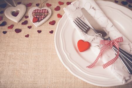 Valentine table setting copy space background, selective focus, vintage toneの写真素材