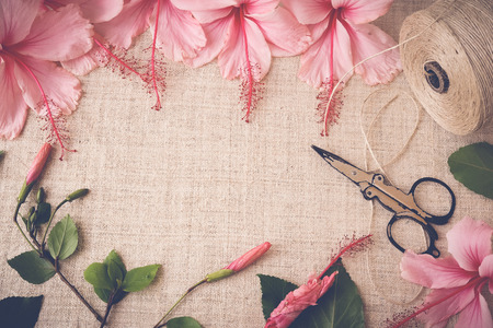 Pink Hibiscus flowers on linen, copy space background mock up, toning, selective focusの写真素材