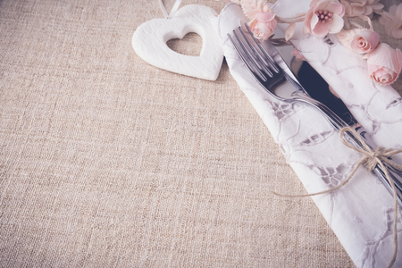 Valentine table setting copy space background, selective focus, toningの写真素材