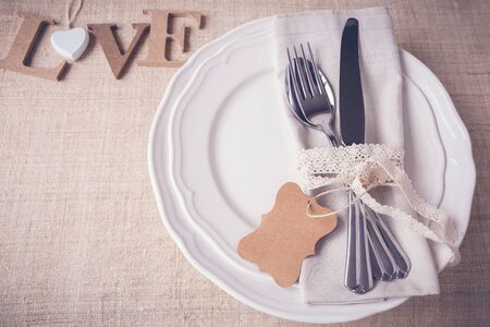 Valentine table setting copy space background, selective focus, toningの写真素材