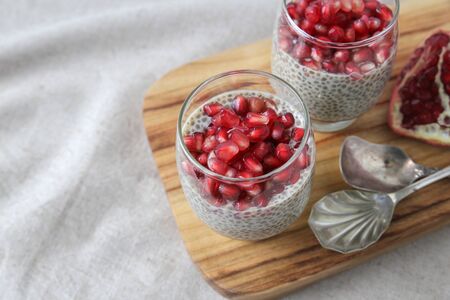 Chia seeds pudding with pomegranate, selective focusの写真素材