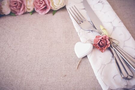 Flower Table setting copy space background, selective focus, toningの写真素材