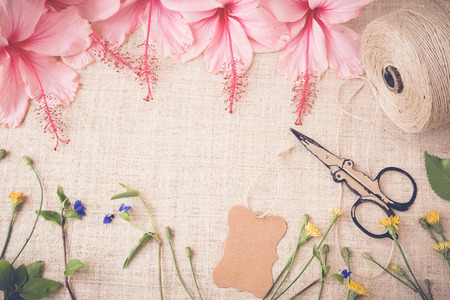 Pink Hibiscus flowers on linen, copy space background mock up, toning, selective focusの写真素材