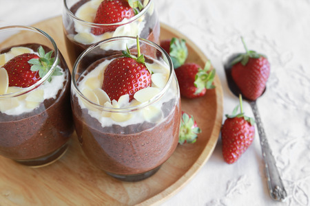 Homemade Chocolate Chia pudding with strawberryの写真素材