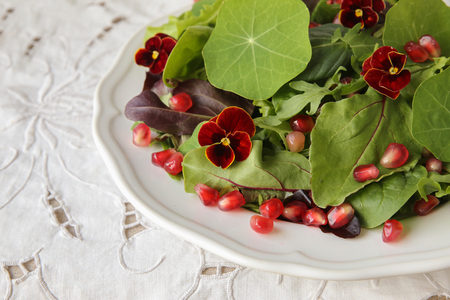 Fresh mixed green salad with pomegranate seeds, selective focus, toningの写真素材