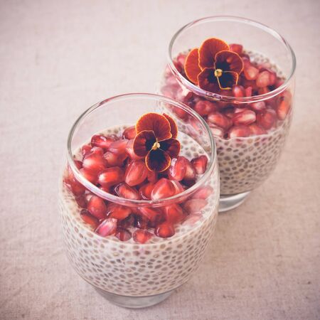 Chia seeds pudding with pomegranate, selective focus,toningの写真素材