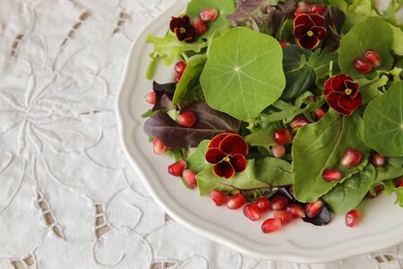 Fresh mixed green salad with pomegranate seeds, selective focus, toningの写真素材