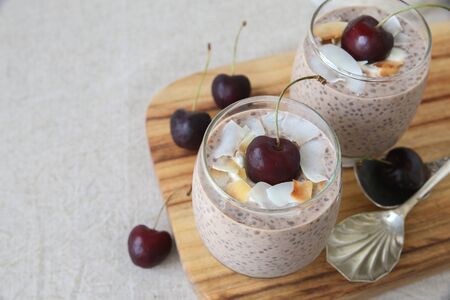 Chia seeds pudding with cherry, selective focusの写真素材