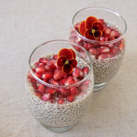 Chia seeds pudding with pomegranate, selective focusの写真素材