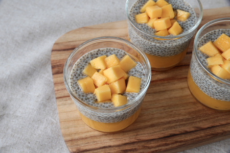 Homemade Chia seed pudding with mango, selective focus, toningの写真素材