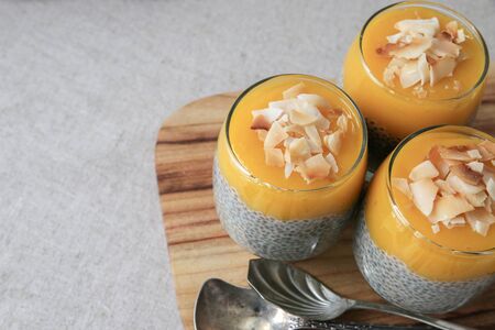Homemade Chia seed pudding with mango, selective focus, toningの写真素材